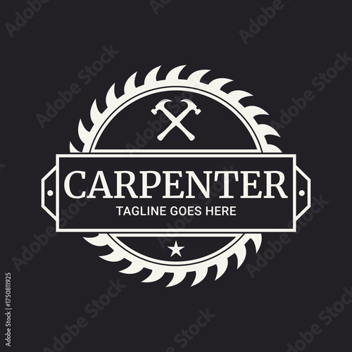 Carpentry vector emblem logo design | Vintage Carpenter Logo Design — Circular Saw Blade Emblem with Crossed Hammers and Retro Typography for Woodworking, Carpentry, and Handcrafted Workshop Branding