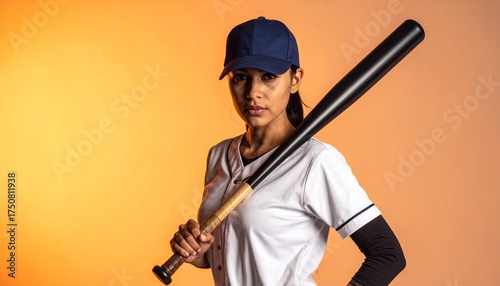 Young Woman in Baseball Uniform with Bat on Shoulder, Ready for Game on Orange Background