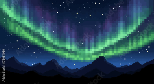 Pixel art aurora borealis illuminates a starry night sky above silhouetted mountains.