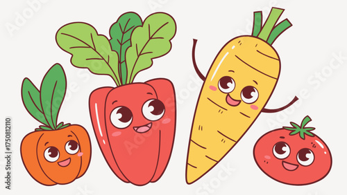 Cute cartoon vegetables vector illustration featuring carrot tomato pepper and pumpkin