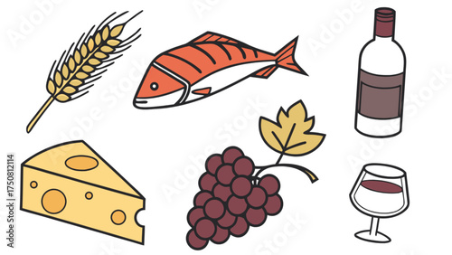 Illustration of wine cheese fish grapes wheat food and drink still life concept