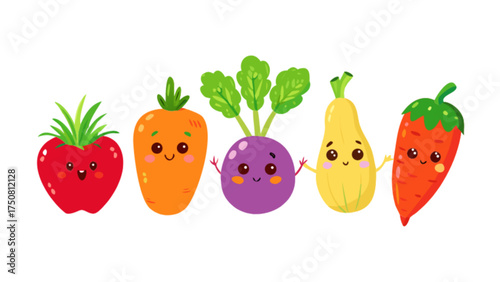 Cute vegetables vector illustration cartoon character set carrot tomato radish kawaii