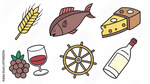 Illustration of wheat fish cheese grapes wine bottle and ship wheel for food concept