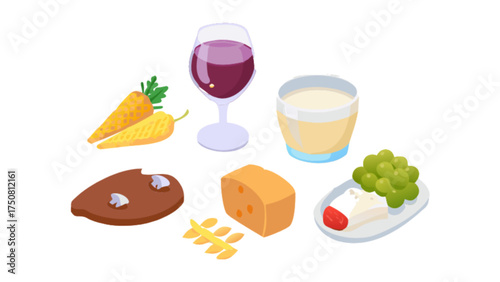 Illustration of healthy food options including carrots wine cheese and grapes vector art