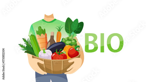 Bio organic fresh vegetables and fruits basket delivery healthy food concept illustration