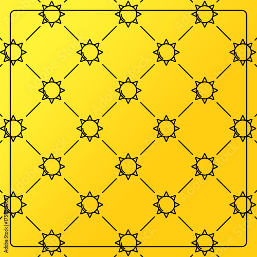 Seamless pattern on a yellow background with sun icons. Line design for posters, social media, and banner templates.