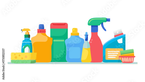 Cleaning supplies products bottles sponges spray household cleaner detergents vector art