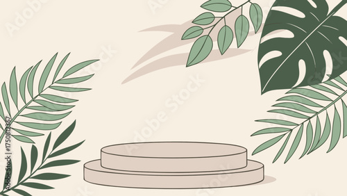 Product display podium with tropical leaves background for natural beauty concept