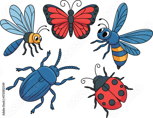 Five Cartoon Insects Butterfly Bee Beetle Ladybug Dragonfly vector illustration