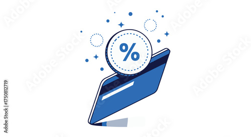 A credit card with a percentage sign and sparkles isolated on transparent background