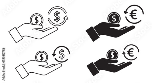 Icons representing currency exchange with hands holding coins and currency symbols isolated on transparent background