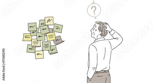 Man scratching head in confusion looking at sticky notes
