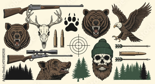 Hunting themed illustration featuring a bear, eagle, deer skull, rifles, skull with a beard, and forest elements.