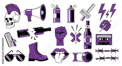 A collection of purple and black punk rock themed icons featuring a skull, megaphone, spray cans, broken bottle, and other rebellious symbols.