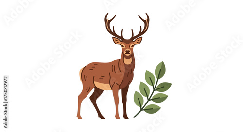 Illustration of a majestic brown deer with large antlers standing next to a leafy green branch on a white background.