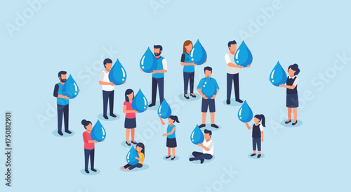 Group of diverse people holding large blue water droplets, symbolizing water conservation, awareness, and environmental responsibility on a light blue background.