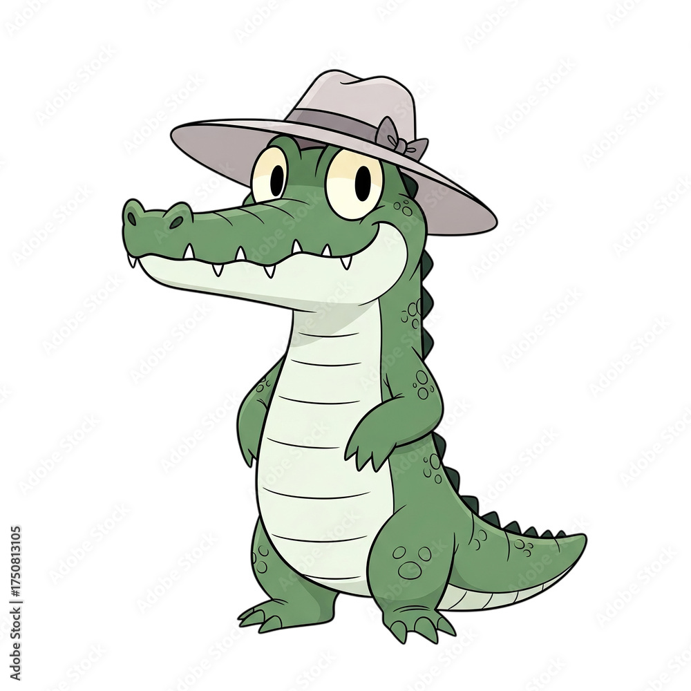 Fototapeta premium Cute cartoon alligator wearing hat isolated on transparent background illustration