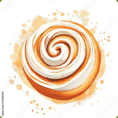 Vector illustration of a cinnamon bitten roll with icing on a plate and flower, isolated on a white background