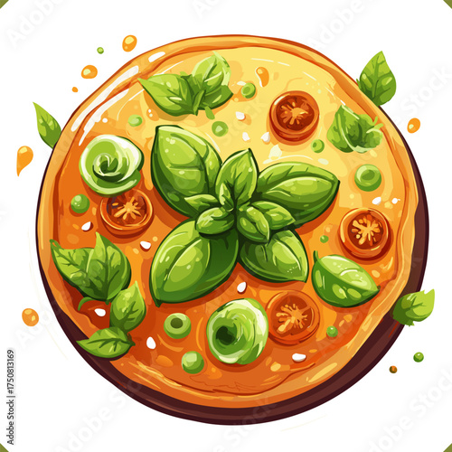 Vector illustration of Japanese okonomiyaki with tomato, salad, and green onions, traditional cuisine, isolated on a white background