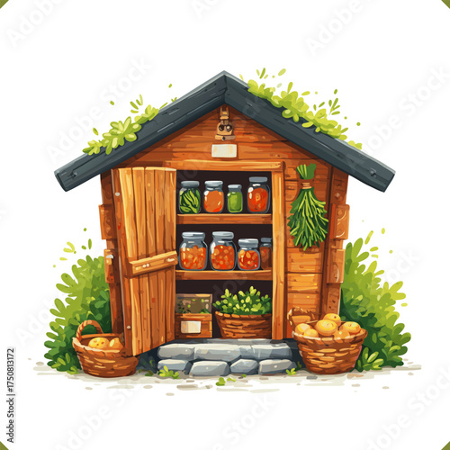 Vector illustration of small wooden food storage with jars of preserves and baskets of potatoes, isolated on white background