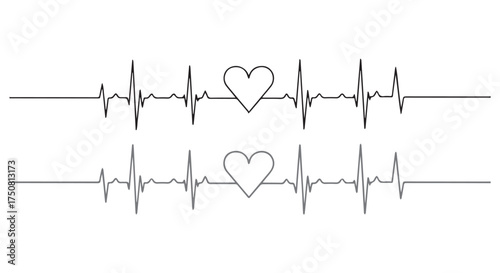 Two electrocardiogram heartbeats with hearts in the center, isolated on transparent background