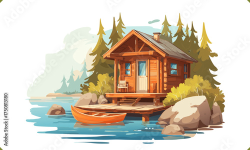 Vector illustration of a small wooden cabin by the lake with canoe and pine trees, isolated on a white background