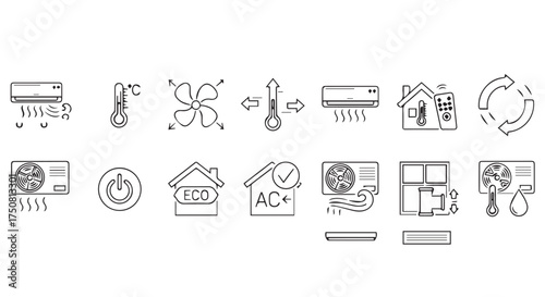 Set of air conditioning and climate control icons for home and hvac systems isolated on transparent background