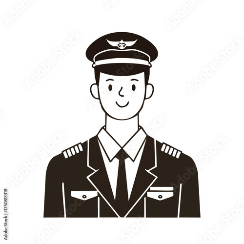 Monochrome illustration of a smiling male pilot in uniform, wearing a hat with an emblem, a tie, and a jacket with epaulets.