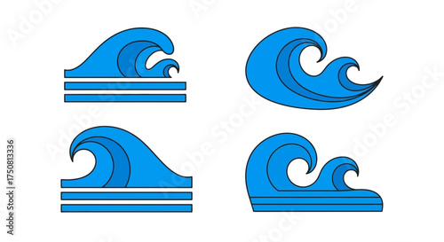 Four stylized blue wave illustrations on a white background, depicting ocean currents and nautical themes.