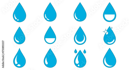 A collection of twelve stylized blue water droplet icons, each with a unique shape and design, arranged on a white background.