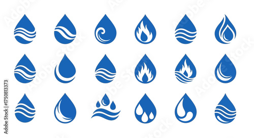 A collection of blue water drop icons featuring various wave patterns, swirls, and flame designs, presented in a grid arrangement.