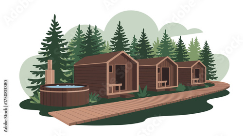 Illustration of cabins with a hot tub in a forest setting on a white background with trees and path