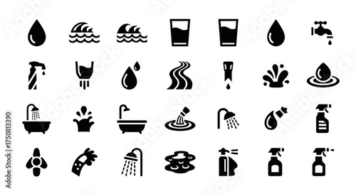 A collection of black and white vector icons representing various water-related concepts, including droplets, waves, faucets, glasses, rivers, showers, and spray bottles.