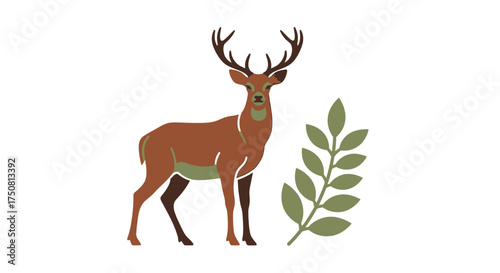 Illustration of a brown deer standing next to a green leafy branch on a white background.