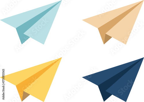 Four colorful paper airplanes in flight on a white background Keywords: paper airplane, origami
