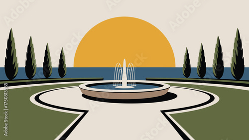 A stylized landscape with a fountain, trees, and a large sun setting over a body of water in the distance