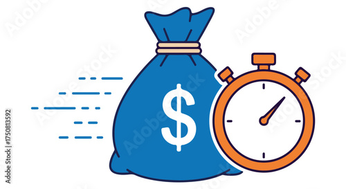 Blue money bag with dollar sign and a stopwatch indicating fast financial transaction isolated on transparent background