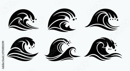 Six black and white vector illustrations of stylized ocean waves with varying shapes and crests.