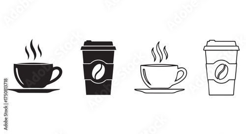 Assortment of coffee cups and mugs with steam isolated on transparent background
