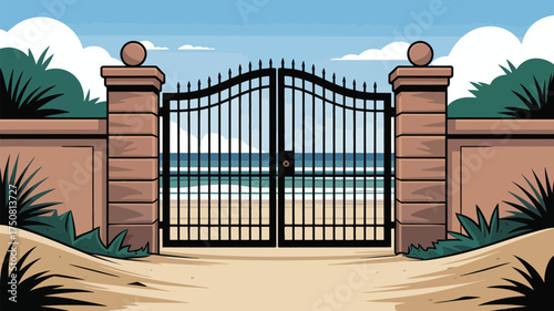 Illustration of a closed black metal gate leading to a beach with ocean and sky view beyond it