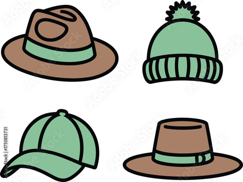 Four different styles of hats and caps on white background Keywords: hat, cap, beanie, fedora