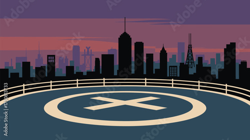 Illustration of a helipad on a rooftop with a city skyline during a colorful sunset sky view