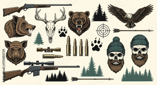 Illustration featuring hunting-related elements: rifles, bear and boar heads, deer skull, eagle, bullets, targets, forest, and bearded skull hunters.