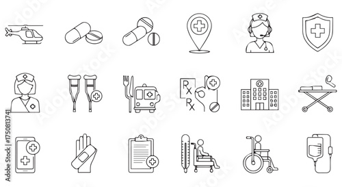 Collection of medical and healthcare icons in a grid, isolated on transparent background