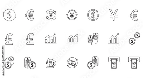 Collection of financial and currency icons isolated on transparent background