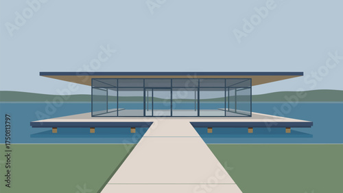 A modern glass house on a platform over water with a walkway leading to it on a sunny day scene view