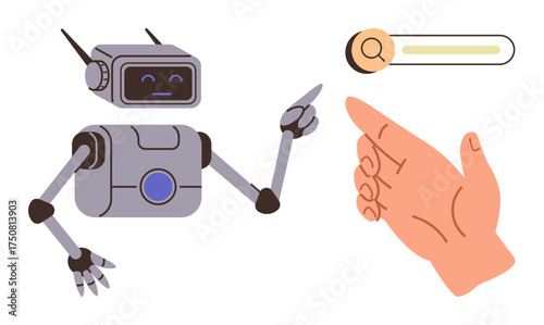 Robot pointing at a search bar as a human hand gestures in agreement. Ideal for technology, human-AI collaboration, innovation, digital search, robotics, automation, futuristic concepts. Simple flat
