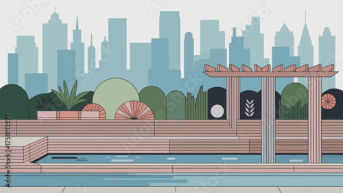 Illustration of a pool with a pergola and cityscape in the background in a minimalist style