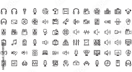 Assortment of audio and media icons, including headphones, microphones, and speakers, isolated on transparent background