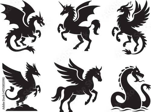 Mythical creatures collection: dragons, unicorns, griffins